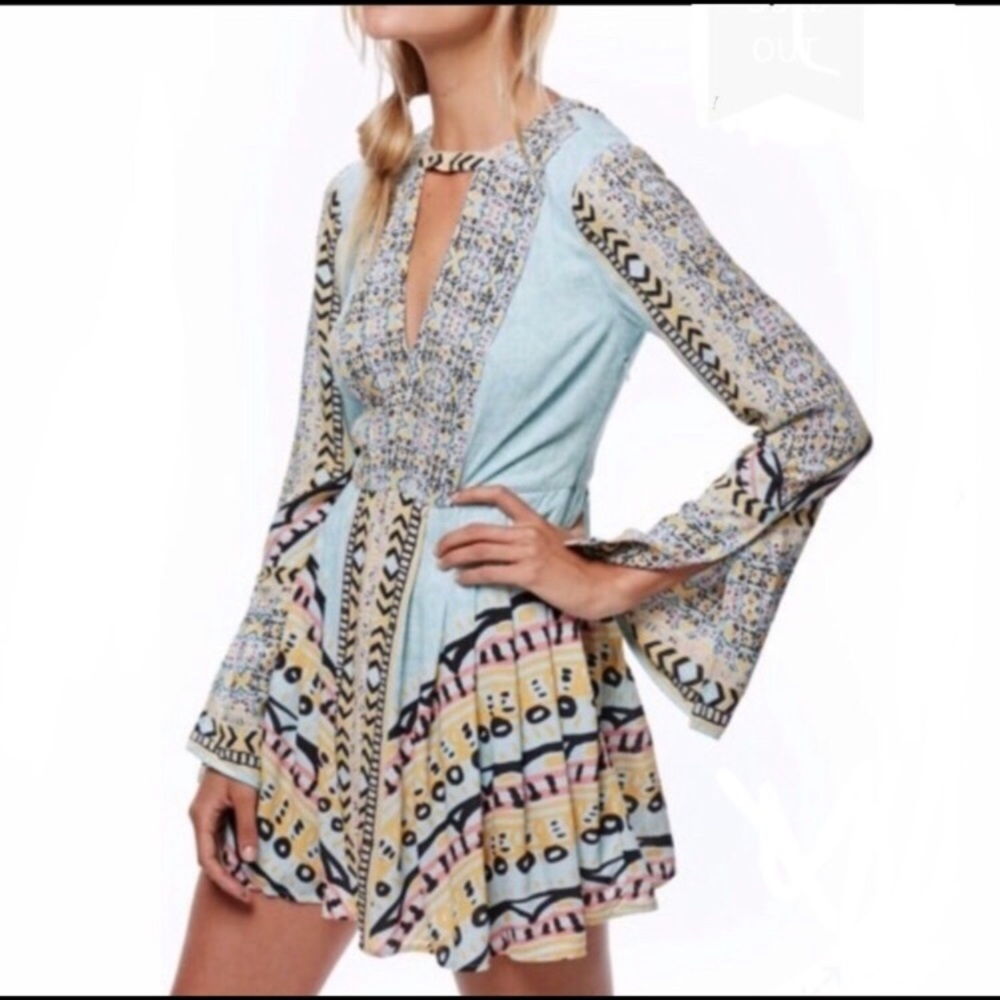 Free People Tegan Border Dress Blue Print